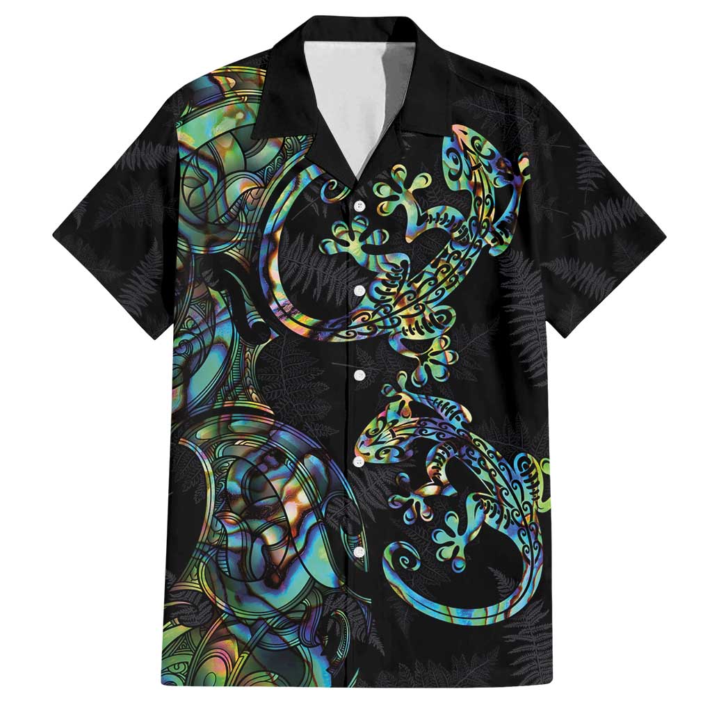 New Zealand Gecko Maori Art Tattoo Family Matching Tank Maxi Dress and Hawaiian Shirt Silver Fern and Paua Shell Mode LT03 Dad's Shirt - Short Sleeve Black - Polynesian Pride