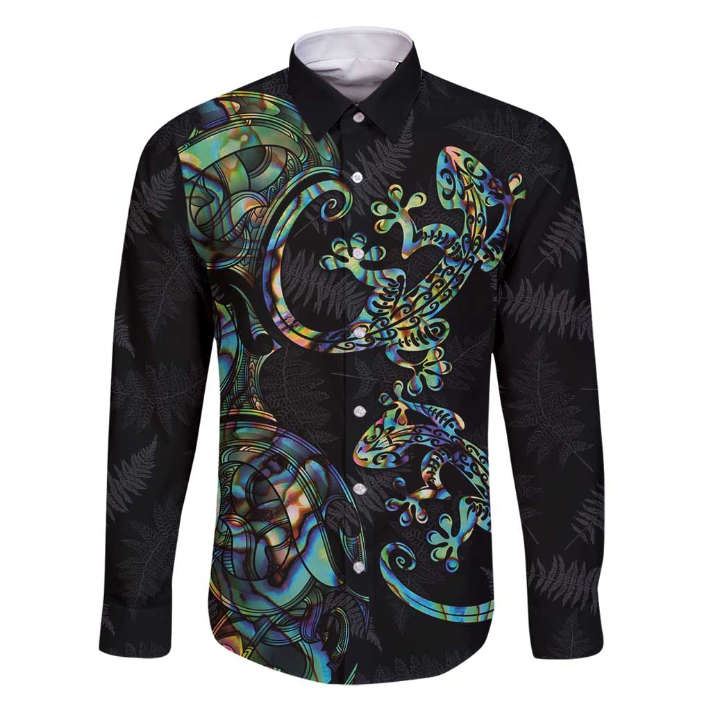New Zealand Gecko Maori Art Tattoo Family Matching Tank Maxi Dress and Hawaiian Shirt Silver Fern and Paua Shell Mode LT03 Dad's Shirt - Long Sleeve Black - Polynesian Pride
