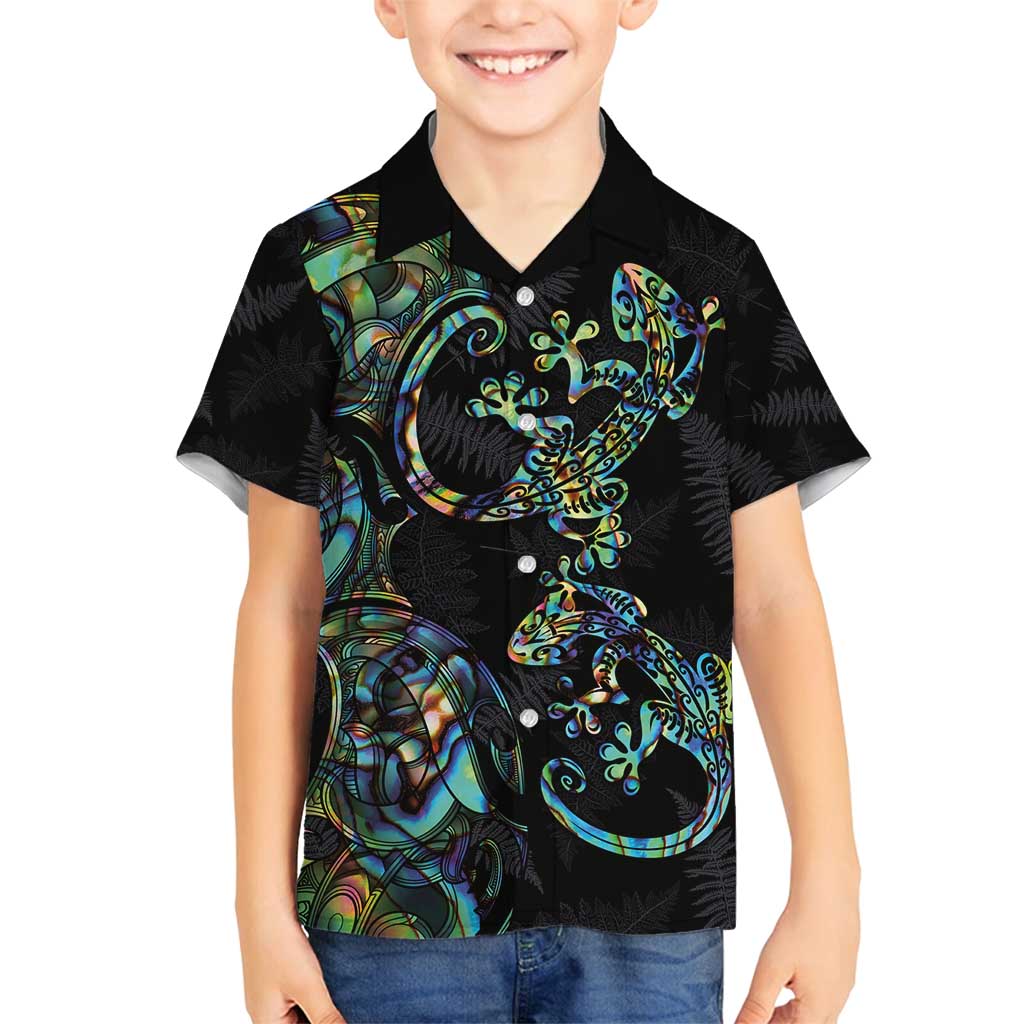 New Zealand Gecko Maori Art Tattoo Family Matching Tank Maxi Dress and Hawaiian Shirt Silver Fern and Paua Shell Mode LT03 Son's Shirt Black - Polynesian Pride