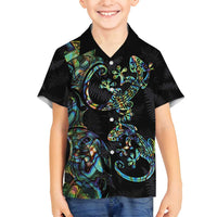New Zealand Gecko Maori Art Tattoo Family Matching Tank Maxi Dress and Hawaiian Shirt Silver Fern and Paua Shell Mode LT03 Son's Shirt Black - Polynesian Pride