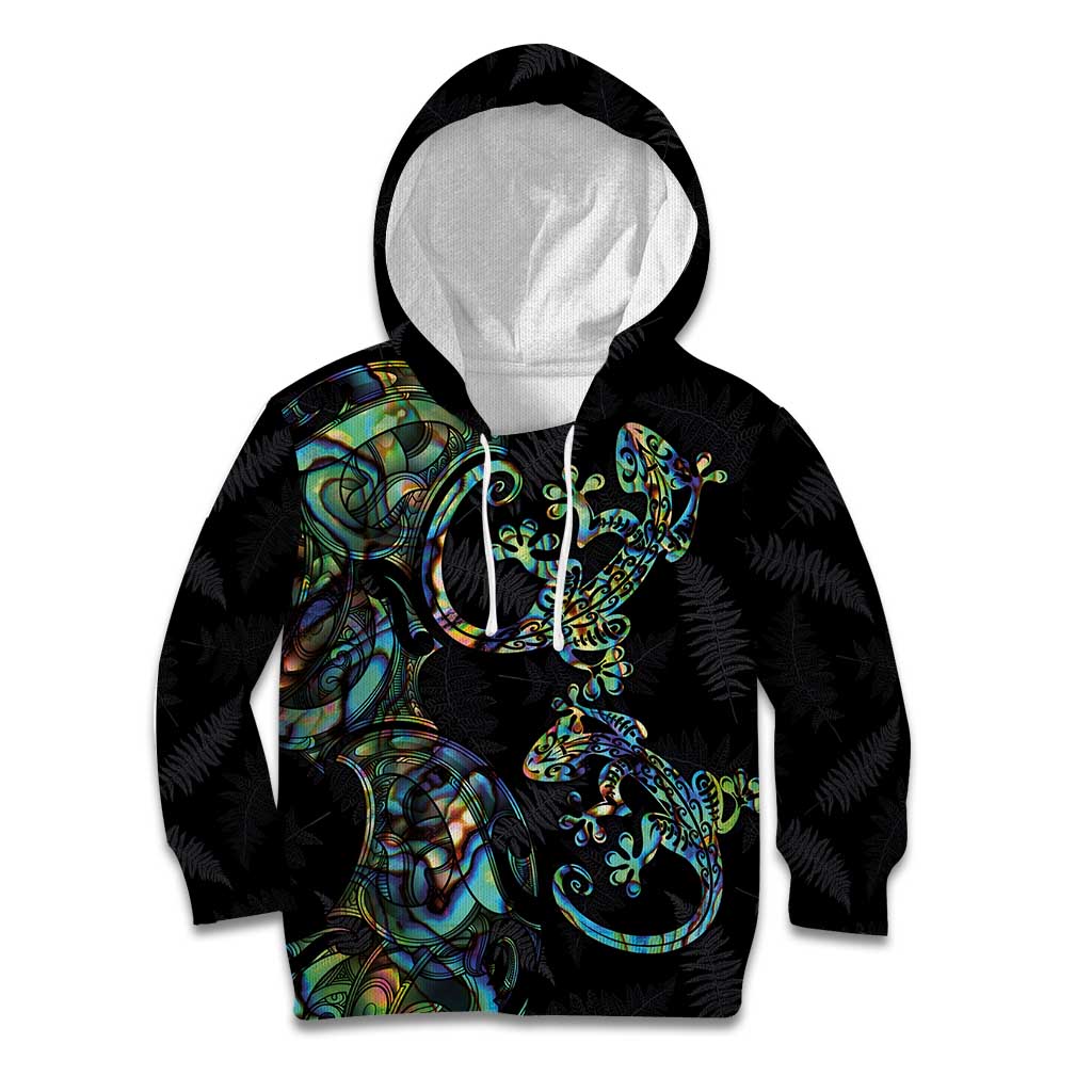 New Zealand Gecko Maori Art Tattoo Kid Hoodie Silver Fern and Paua Shell Mode