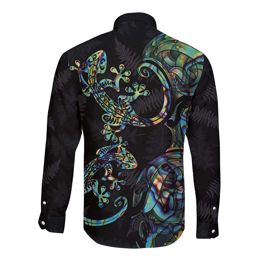 New Zealand Gecko Maori Art Tattoo Long Sleeve Button Shirt Silver Fern and Paua Shell Mode