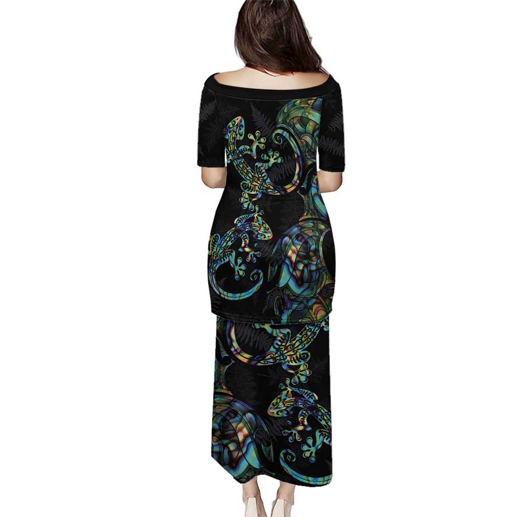 New Zealand Gecko Maori Art Tattoo Puletasi Silver Fern and Paua Shell Mode