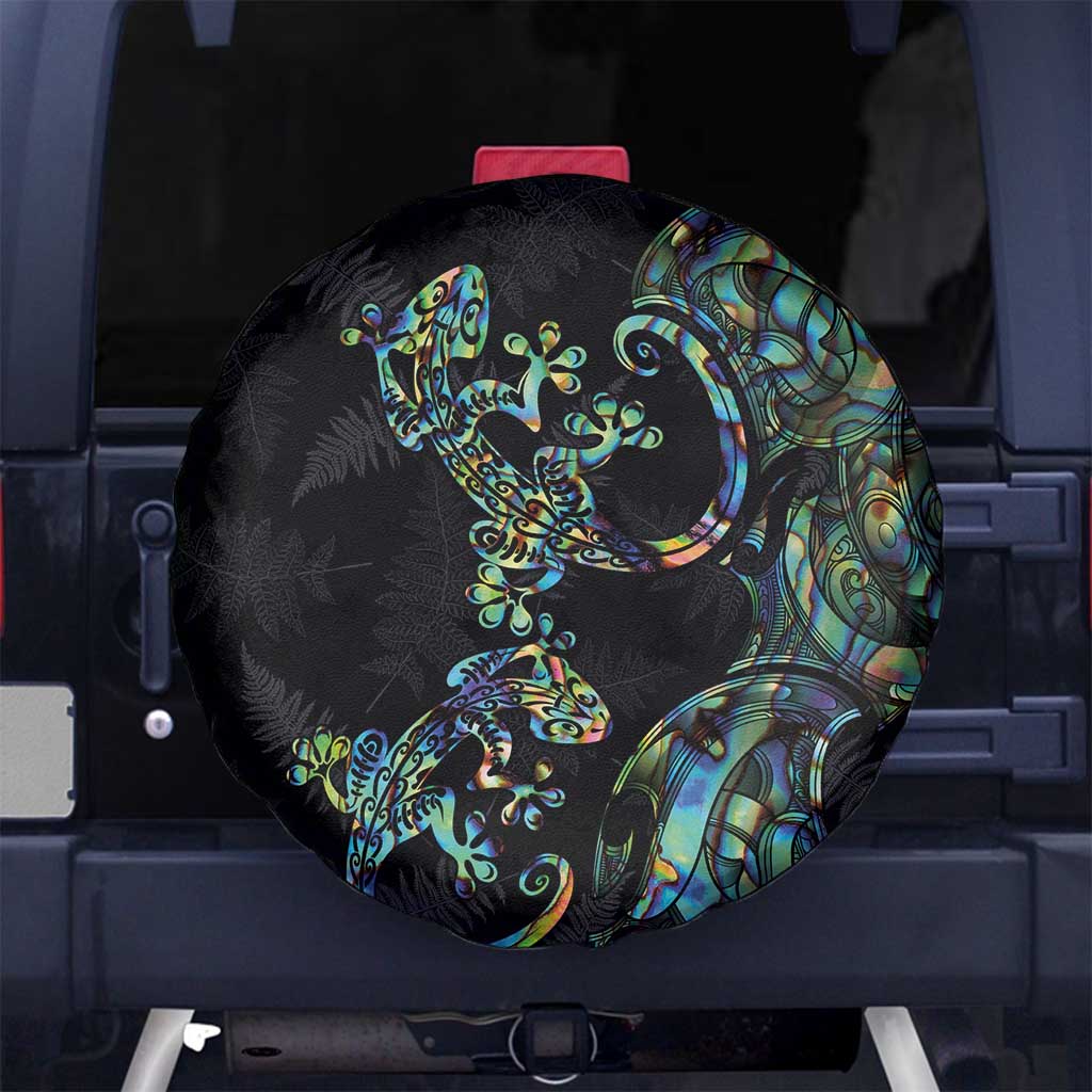 New Zealand Gecko Maori Art Tattoo Spare Tire Cover Silver Fern and Paua Shell Mode