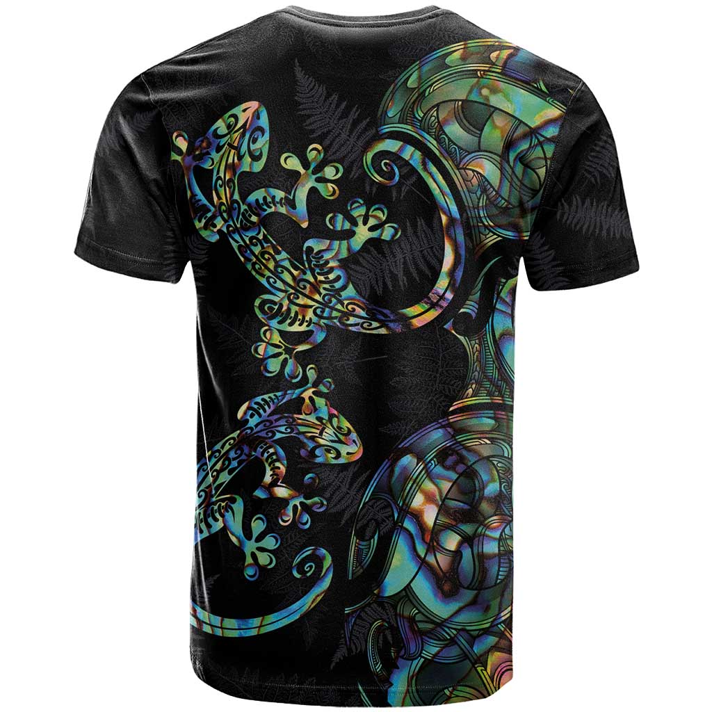 New Zealand Gecko Maori Art Tattoo T Shirt Silver Fern and Paua Shell Mode