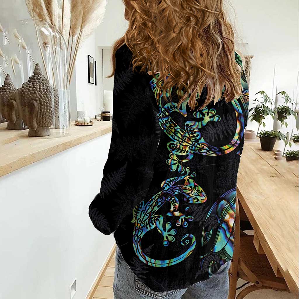 New Zealand Gecko Maori Art Tattoo Women Casual Shirt Silver Fern and Paua Shell Mode