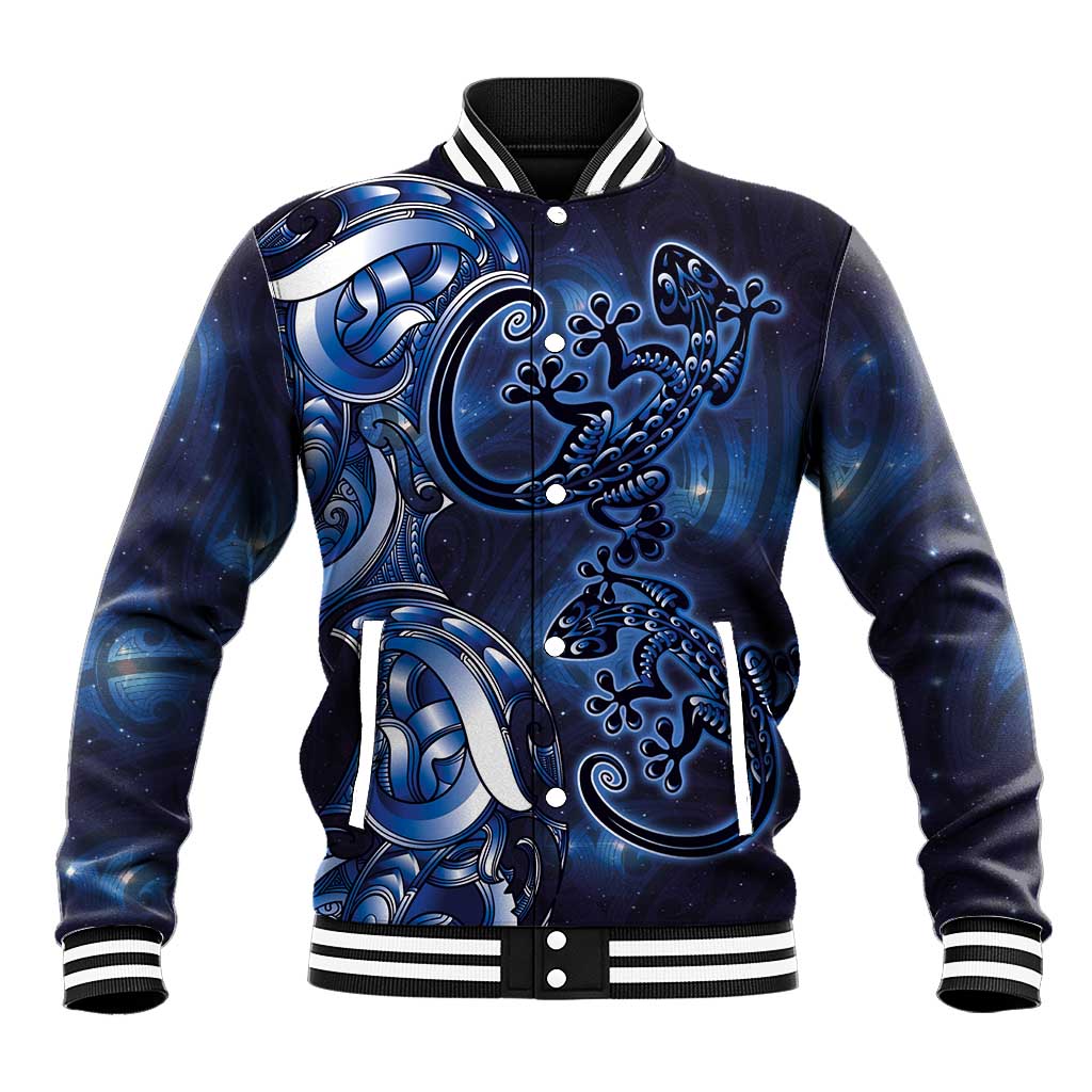 New Zealand Gecko Maori Art Tattoo Baseball Jacket Matariki Mode LT03 Unisex Blue - Polynesian Pride