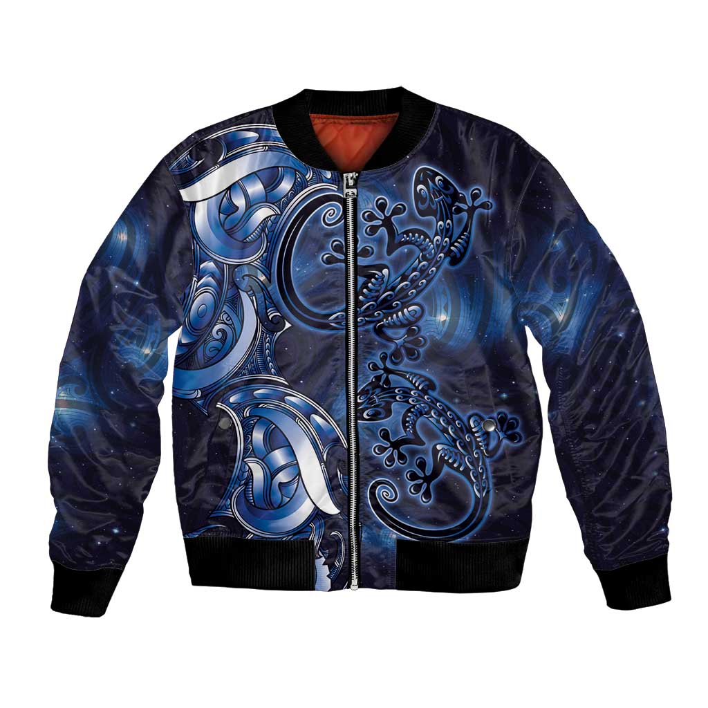 New Zealand Gecko Maori Art Tattoo Bomber Jacket Matariki Mode LT03 Unisex Blue - Polynesian Pride