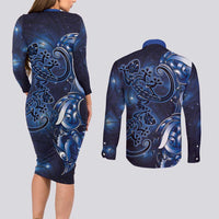 New Zealand Gecko Maori Art Tattoo Couples Matching Long Sleeve Bodycon Dress and Long Sleeve Button Shirt Matariki Mode