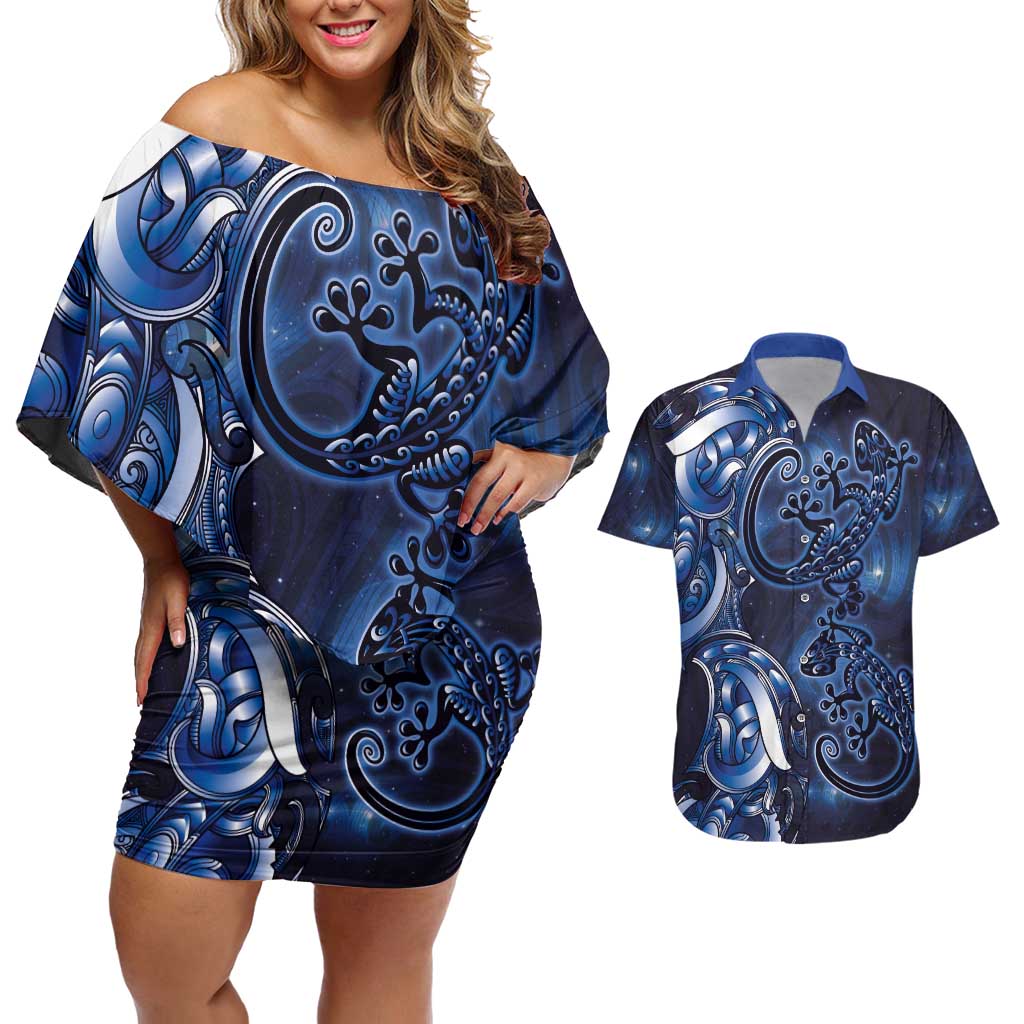 New Zealand Gecko Maori Art Tattoo Couples Matching Off Shoulder Short Dress and Hawaiian Shirt Matariki Mode
