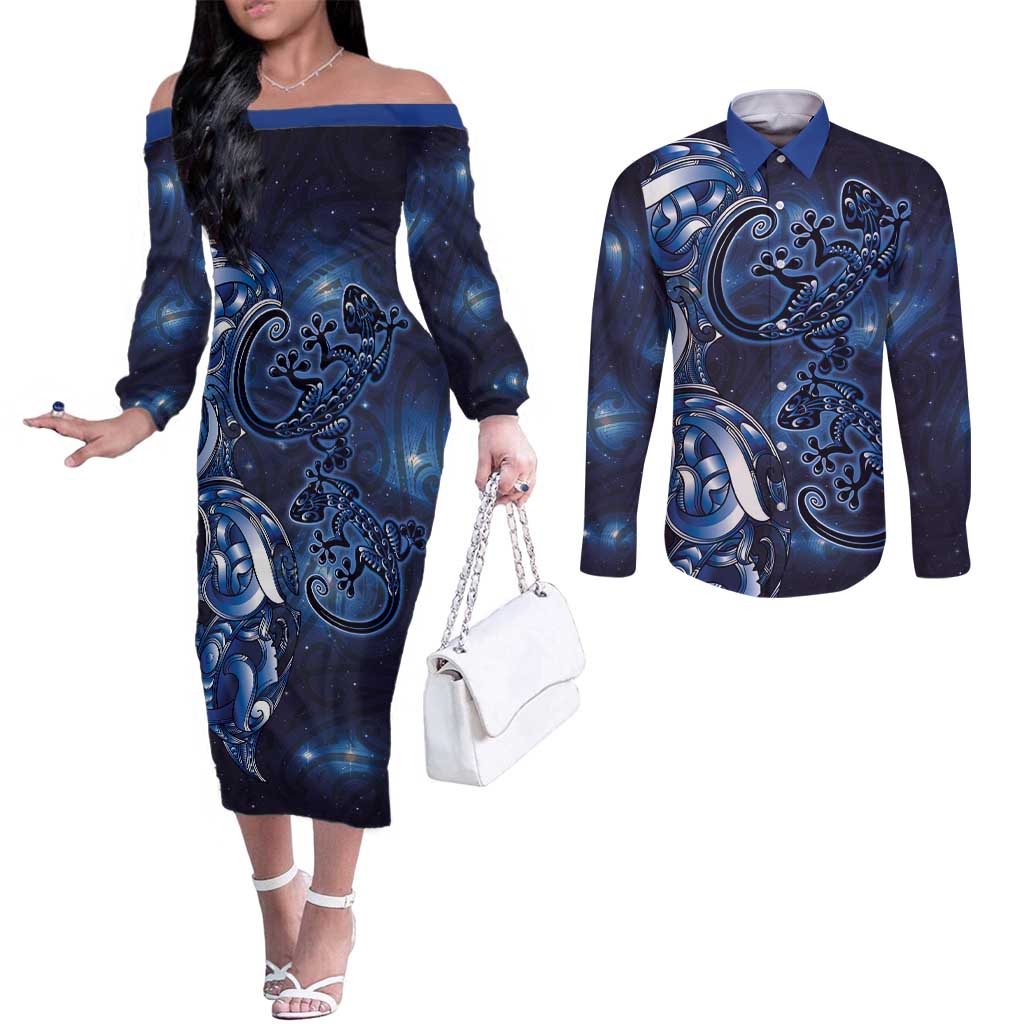 New Zealand Gecko Maori Art Tattoo Couples Matching Off The Shoulder Long Sleeve Dress and Long Sleeve Button Shirt Matariki Mode