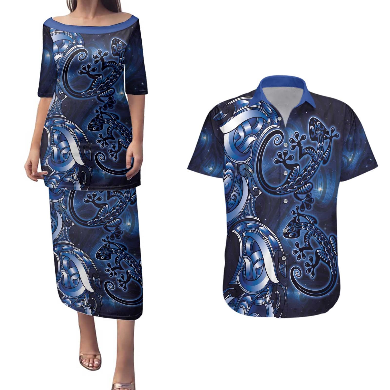 New Zealand Gecko Maori Art Tattoo Couples Matching Puletasi and Hawaiian Shirt Matariki Mode LT03 Blue - Polynesian Pride
