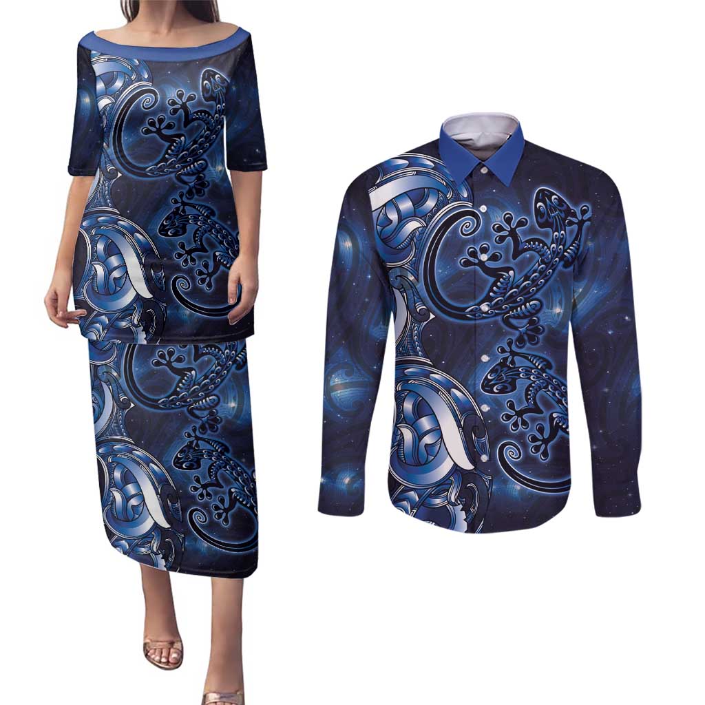 New Zealand Gecko Maori Art Tattoo Couples Matching Puletasi and Long Sleeve Button Shirt Matariki Mode