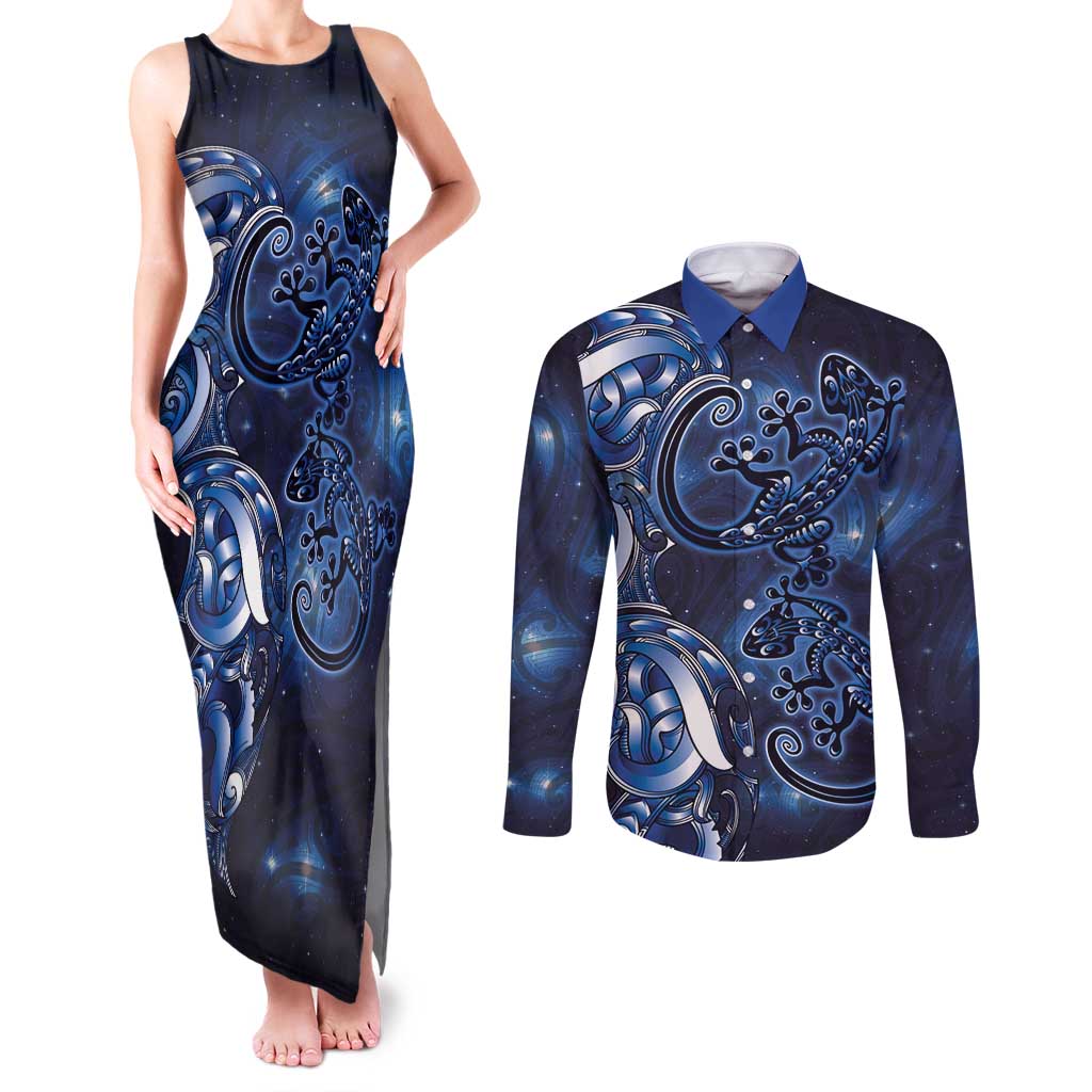 New Zealand Gecko Maori Art Tattoo Couples Matching Tank Maxi Dress and Long Sleeve Button Shirt Matariki Mode