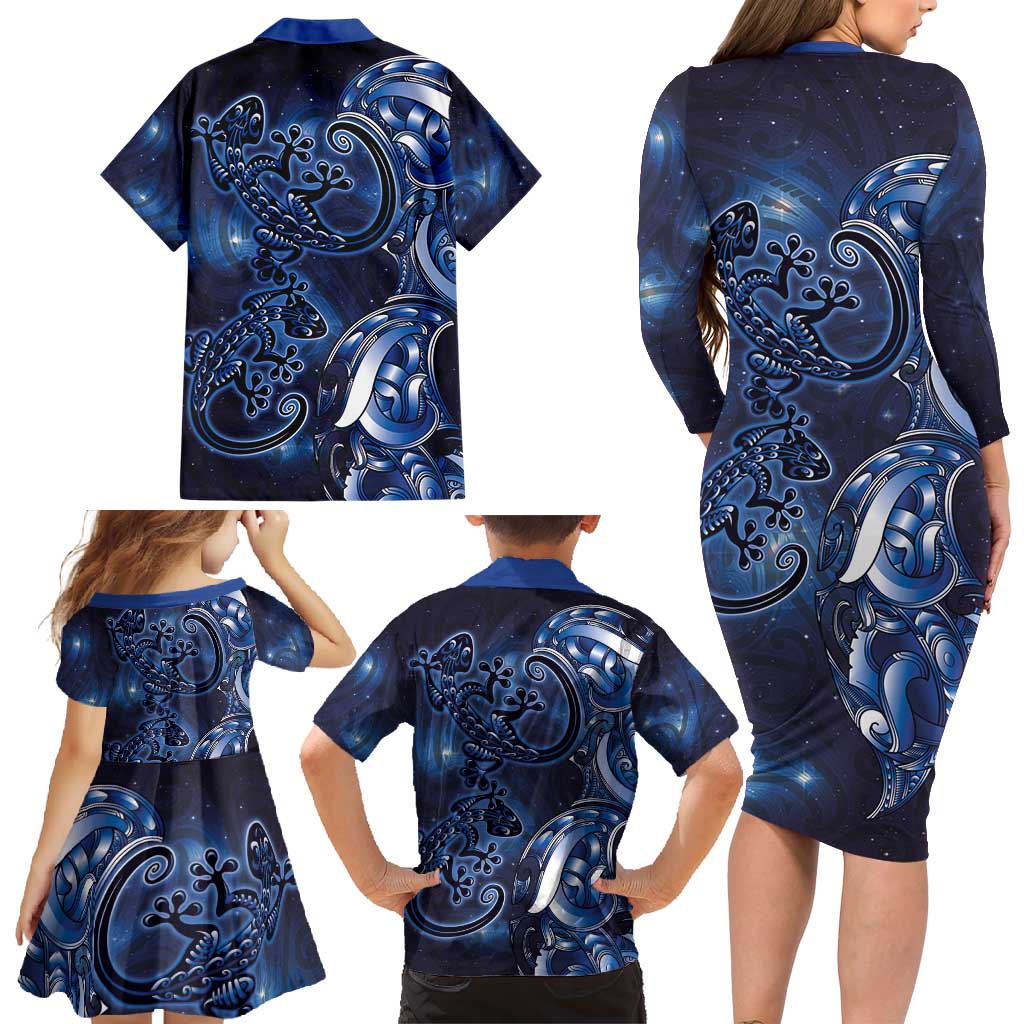 New Zealand Gecko Maori Art Tattoo Family Matching Long Sleeve Bodycon Dress and Hawaiian Shirt Matariki Mode