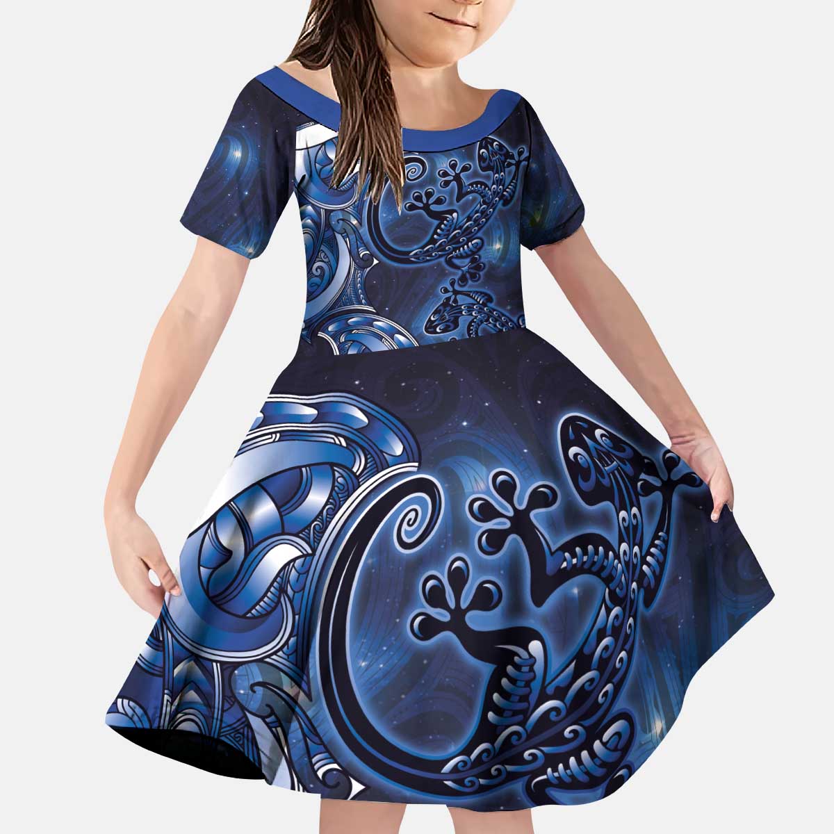 New Zealand Gecko Maori Art Tattoo Kid Short Sleeve Dress Matariki Mode
