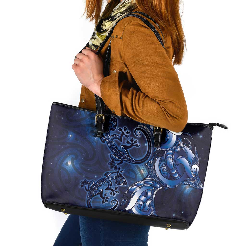 New Zealand Gecko Maori Art Tattoo Leather Tote Bag Matariki Mode LT03 Blue - Polynesian Pride
