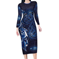 New Zealand Gecko Maori Art Tattoo Long Sleeve Bodycon Dress Matariki Mode