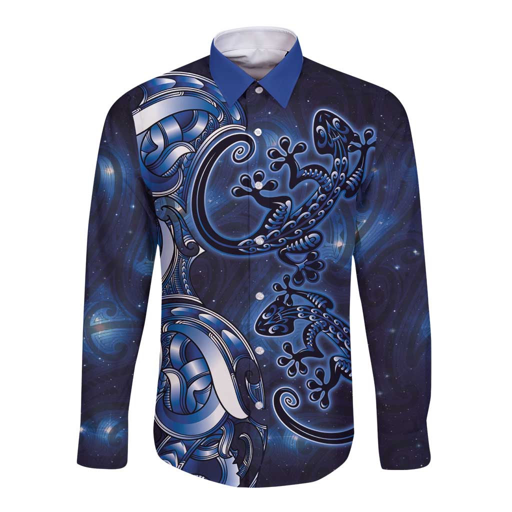 New Zealand Gecko Maori Art Tattoo Long Sleeve Button Shirt Matariki Mode LT03 Unisex Blue - Polynesian Pride