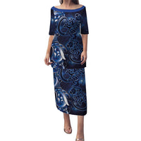 New Zealand Gecko Maori Art Tattoo Puletasi Matariki Mode LT03 Long Dress Blue - Polynesian Pride