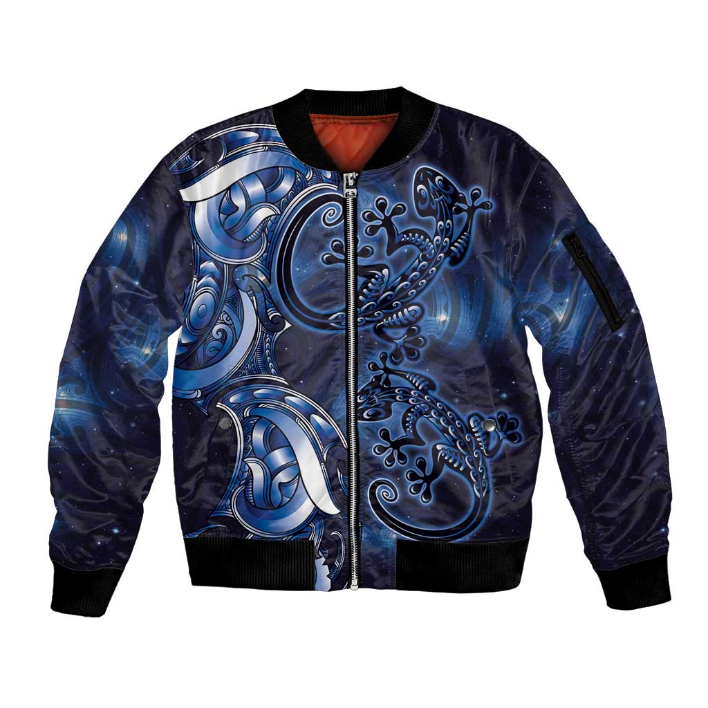 New Zealand Gecko Maori Art Tattoo Sleeve Zip Bomber Jacket Matariki Mode LT03 Unisex Blue - Polynesian Pride