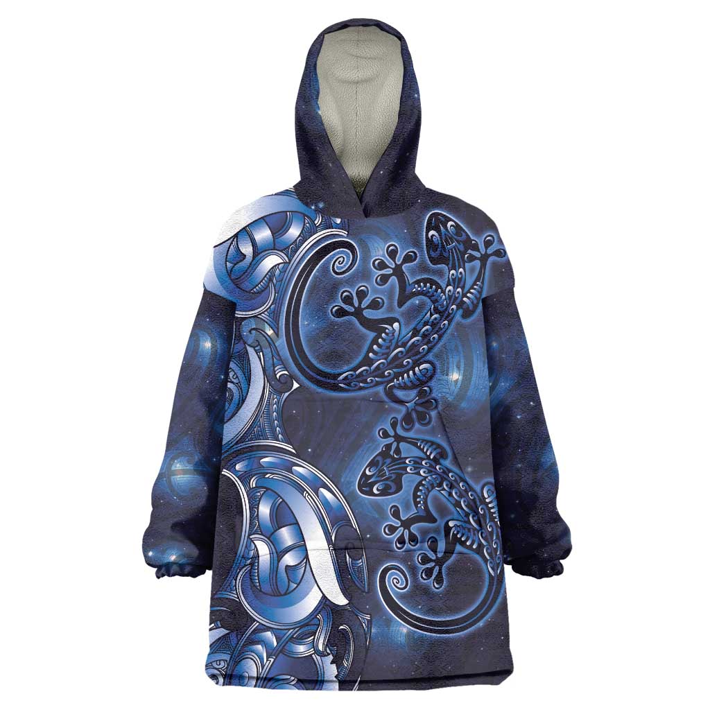 New Zealand Gecko Maori Art Tattoo Wearable Blanket Hoodie Matariki Mode LT03 One Size Blue - Polynesian Pride