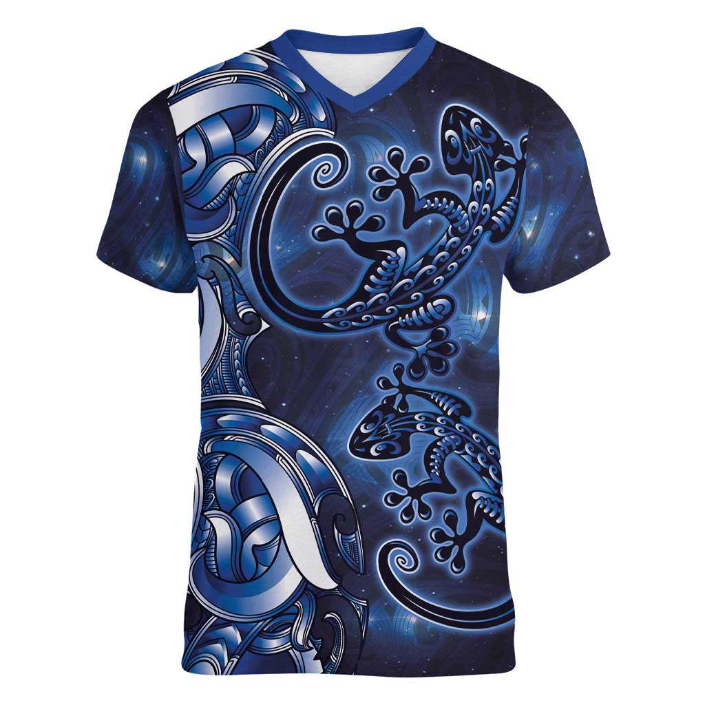 New Zealand Gecko Maori Art Tattoo Women V-Neck T-Shirt Matariki Mode LT03 Female Blue - Polynesian Pride