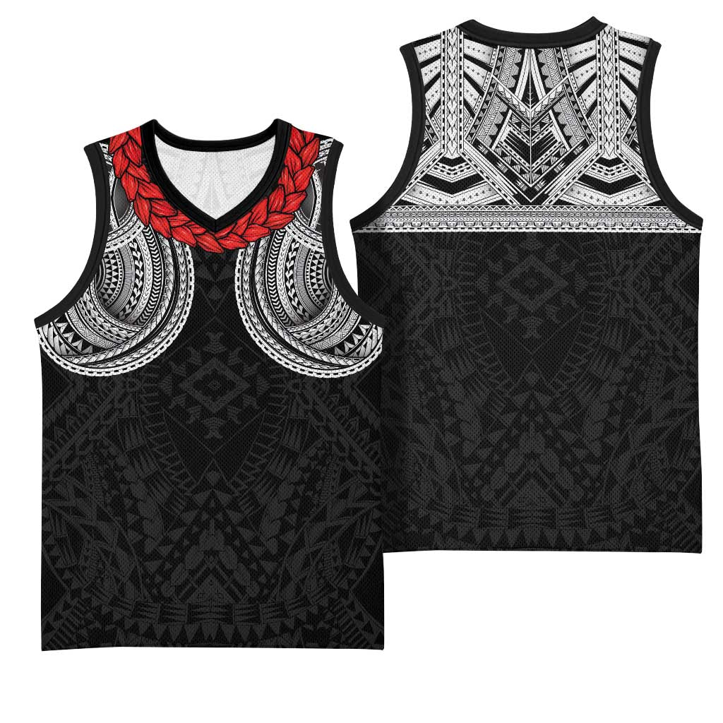 Samoan Traditional Art Tattoos Basketball Jersey Tatau Tribal Motifs with Ula Fala Black - Polynesian Pride