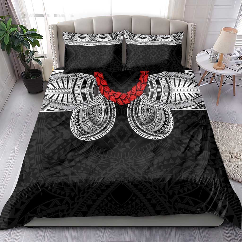 Samoan Traditional Art Tattoos Bedding Set Tatau Tribal Motifs with Ula Fala Black - Polynesian Pride
