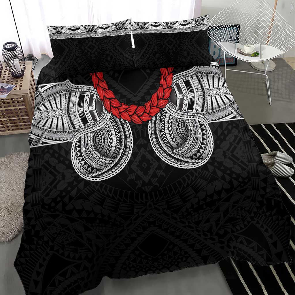 Samoan Traditional Art Tattoos Bedding Set Tatau Tribal Motifs with Ula Fala Black - Polynesian Pride