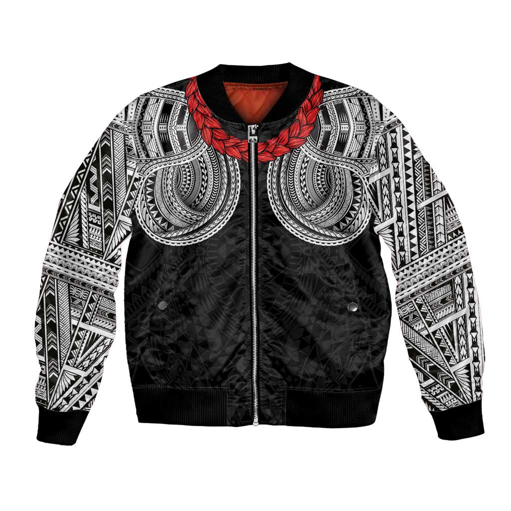 Samoan Traditional Art Tattoos Bomber Jacket Tatau Tribal Motifs with Ula Fala Black - Polynesian Pride