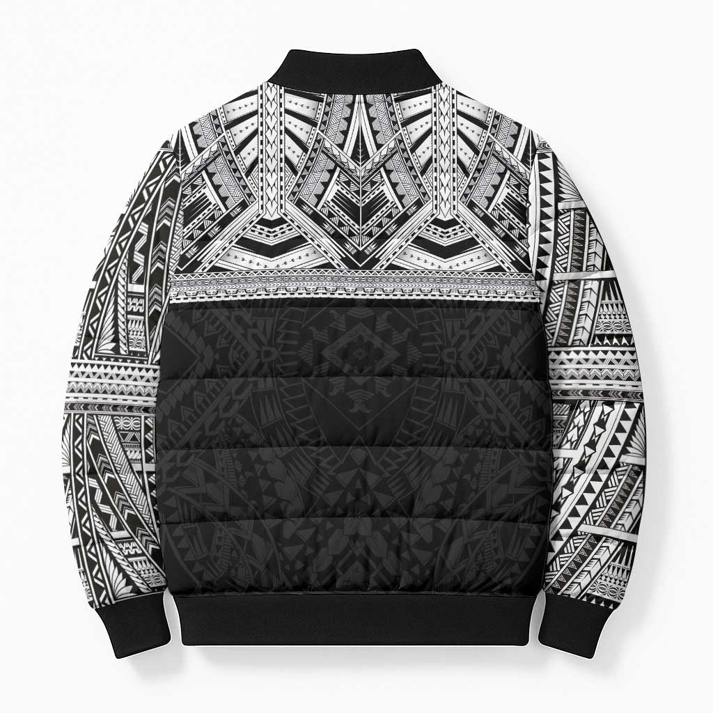 Samoan Traditional Art Tattoos Bomber Puffer Jacket Tatau Tribal Motifs with Ula Fala Black - Polynesian Pride