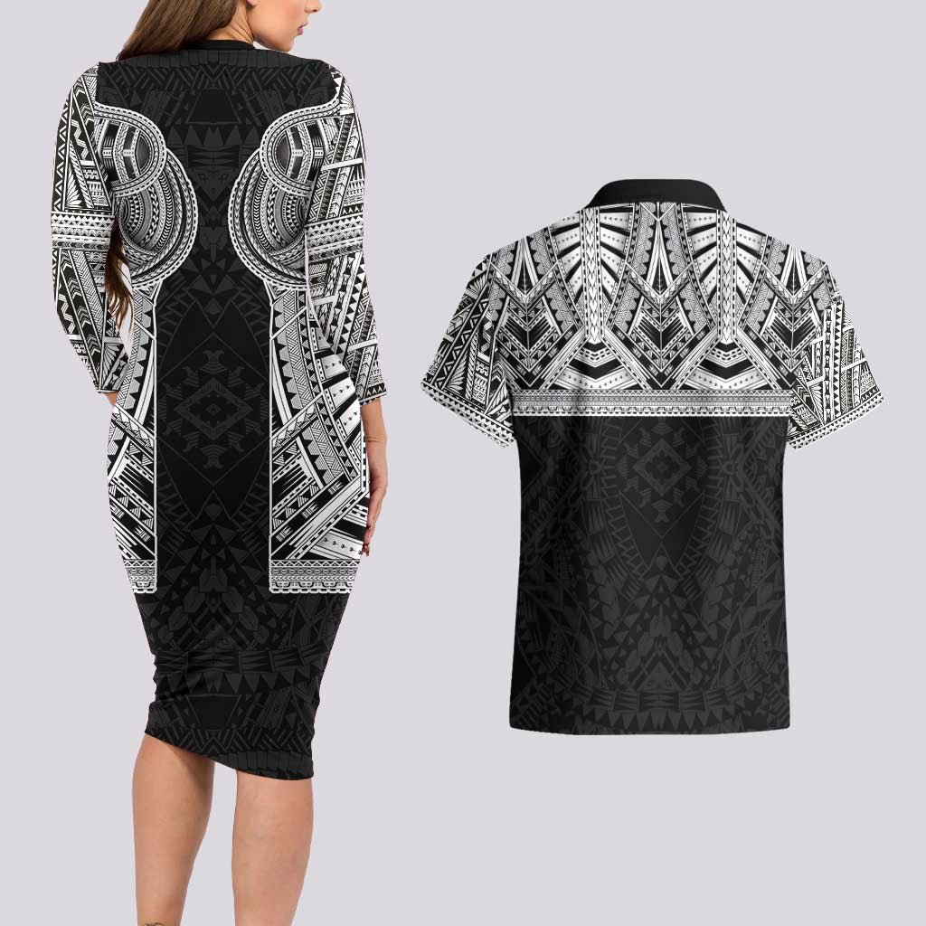 Samoan Traditional Art Tattoos Couples Matching Long Sleeve Bodycon Dress and Hawaiian Shirt Tatau Tribal Motifs with Ula Fala Black - Polynesian Pride