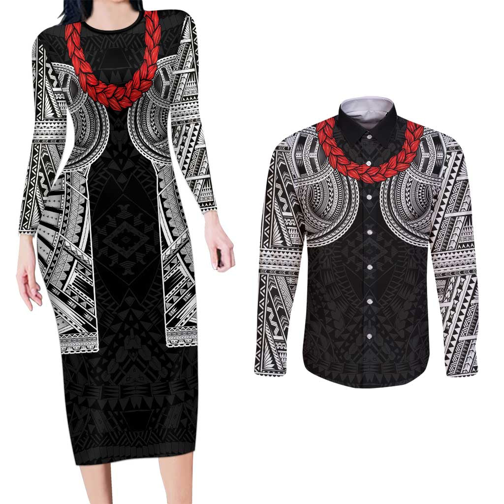 Samoan Traditional Art Tattoos Couples Matching Long Sleeve Bodycon Dress and Long Sleeve Button Shirt Tatau Tribal Motifs with Ula Fala Black - Polynesian Pride