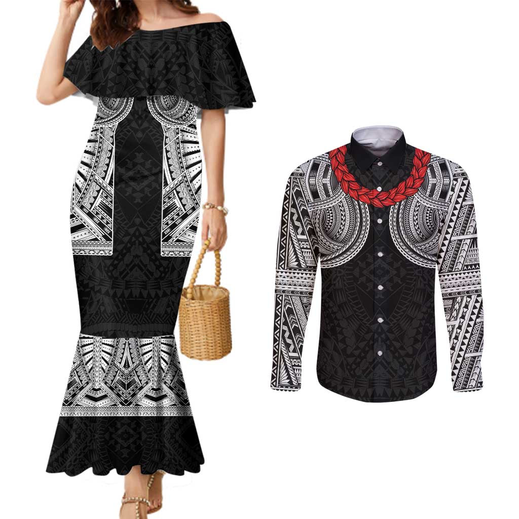 Samoan Traditional Art Tattoos Couples Matching Mermaid Dress and Long Sleeve Button Shirt Tatau Tribal Motifs with Ula Fala Black - Polynesian Pride