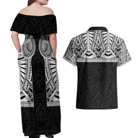 Samoan Traditional Art Tattoos Couples Matching Off Shoulder Maxi Dress and Hawaiian Shirt Tatau Tribal Motifs with Ula Fala Black - Polynesian Pride