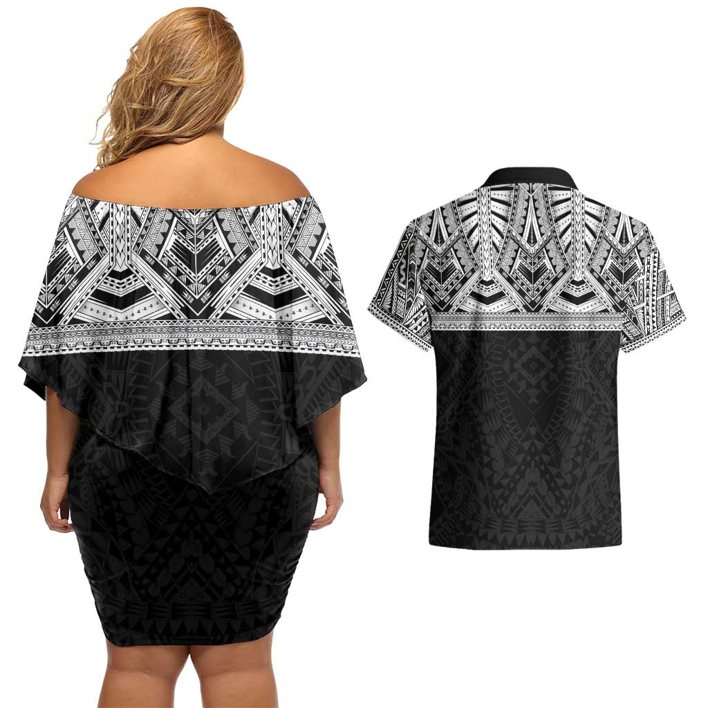 Samoan Traditional Art Tattoos Couples Matching Off Shoulder Short Dress and Hawaiian Shirt Tatau Tribal Motifs with Ula Fala Black - Polynesian Pride