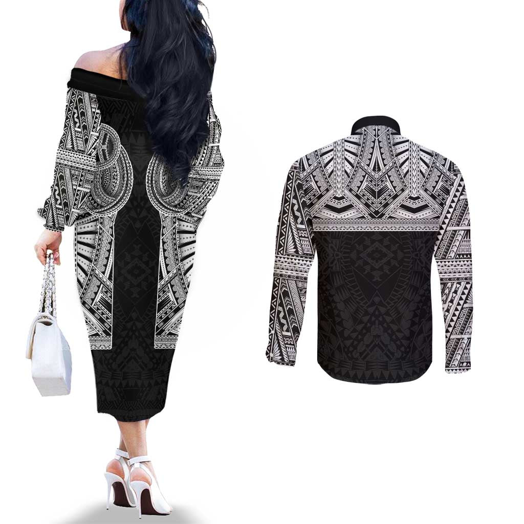 Samoan Traditional Art Tattoos Couples Matching Off The Shoulder Long Sleeve Dress and Long Sleeve Button Shirt Tatau Tribal Motifs with Ula Fala Black - Polynesian Pride