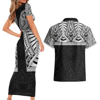 Samoan Traditional Art Tattoos Couples Matching Short Sleeve Bodycon Dress and Hawaiian Shirt Tatau Tribal Motifs with Ula Fala Black - Polynesian Pride