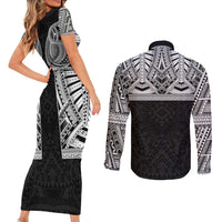 Samoan Traditional Art Tattoos Couples Matching Short Sleeve Bodycon Dress and Long Sleeve Button Shirt Tatau Tribal Motifs with Ula Fala Black - Polynesian Pride