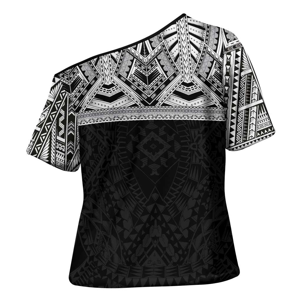 Samoan Traditional Art Tattoos Cross Shoulder Shirt Tatau Tribal Motifs with Ula Fala Black - Polynesian Pride