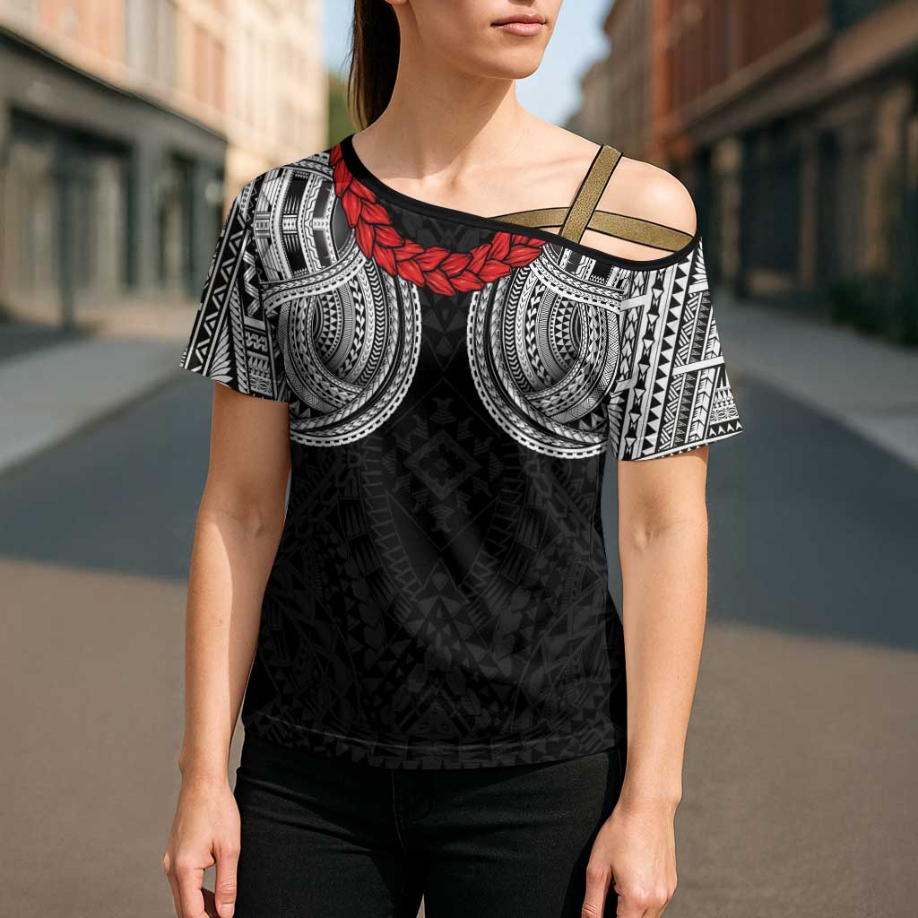 Samoan Traditional Art Tattoos Cross Shoulder Shirt Tatau Tribal Motifs with Ula Fala Black - Polynesian Pride