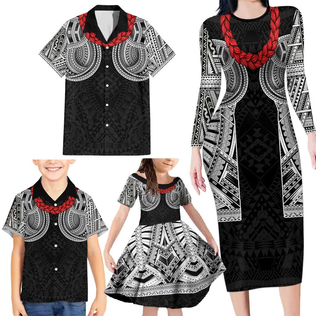 Samoan Traditional Art Tattoos Family Matching Long Sleeve Bodycon Dress and Hawaiian Shirt Tatau Tribal Motifs with Ula Fala Black - Polynesian Pride
