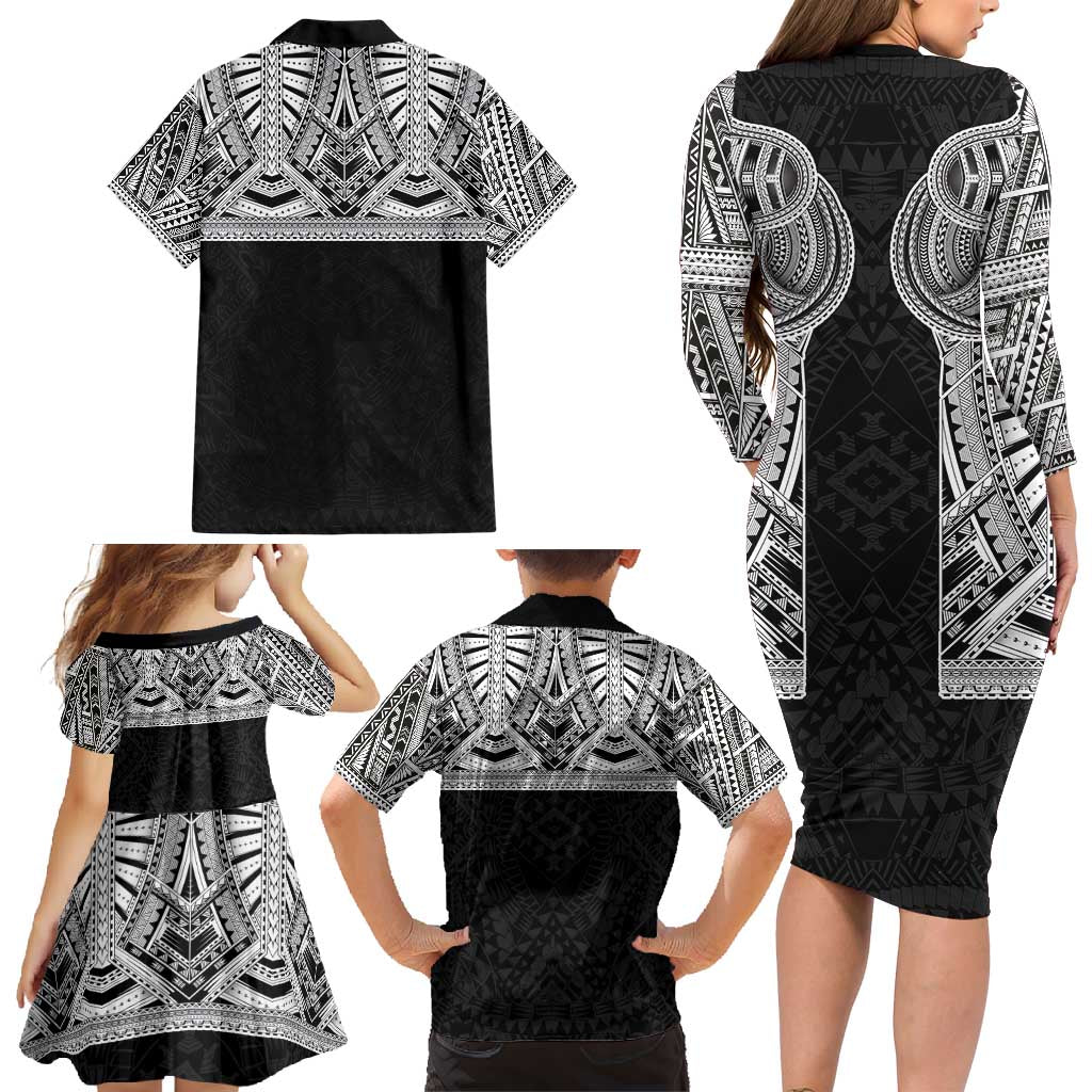 Samoan Traditional Art Tattoos Family Matching Long Sleeve Bodycon Dress and Hawaiian Shirt Tatau Tribal Motifs with Ula Fala Black - Polynesian Pride