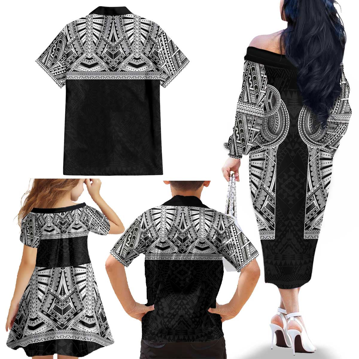 Samoan Traditional Art Tattoos Family Matching Off The Shoulder Long Sleeve Dress and Hawaiian Shirt Tatau Tribal Motifs with Ula Fala Black - Polynesian Pride