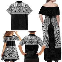 Samoan Traditional Art Tattoos Family Matching Off Shoulder Maxi Dress and Hawaiian Shirt Tatau Tribal Motifs with Ula Fala Black - Polynesian Pride