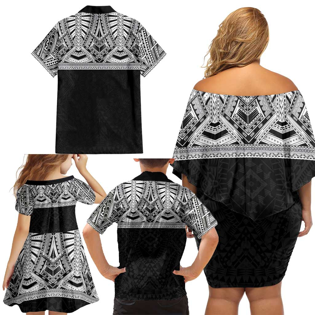 Samoan Traditional Art Tattoos Family Matching Off Shoulder Short Dress and Hawaiian Shirt Tatau Tribal Motifs with Ula Fala Black - Polynesian Pride