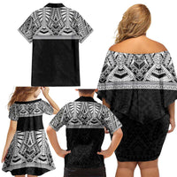 Samoan Traditional Art Tattoos Family Matching Off Shoulder Short Dress and Hawaiian Shirt Tatau Tribal Motifs with Ula Fala Black - Polynesian Pride