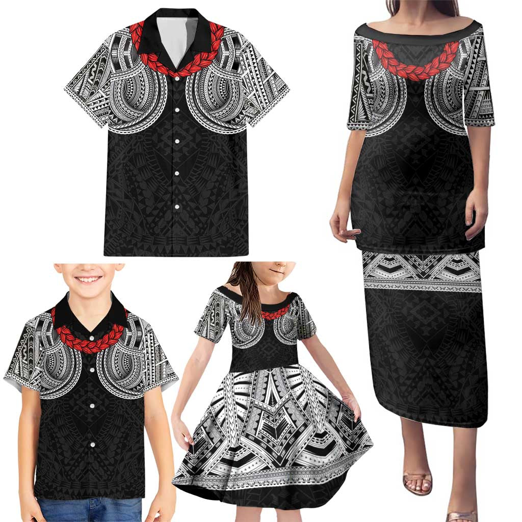 Samoan Traditional Art Tattoos Family Matching Puletasi and Hawaiian Shirt Tatau Tribal Motifs with Ula Fala Black - Polynesian Pride