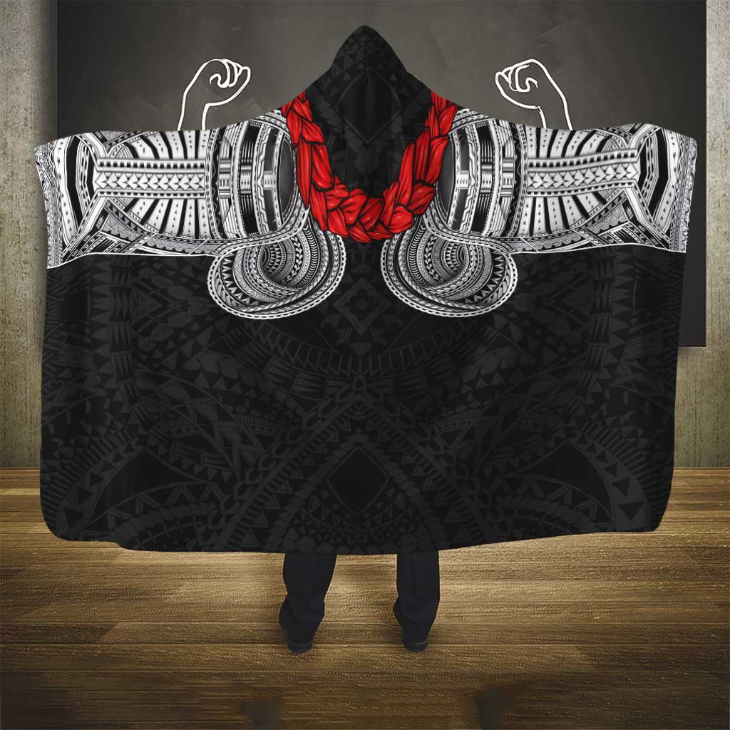 Samoan Traditional Art Tattoos Hooded Blanket Tatau Tribal Motifs with Ula Fala Black - Polynesian Pride